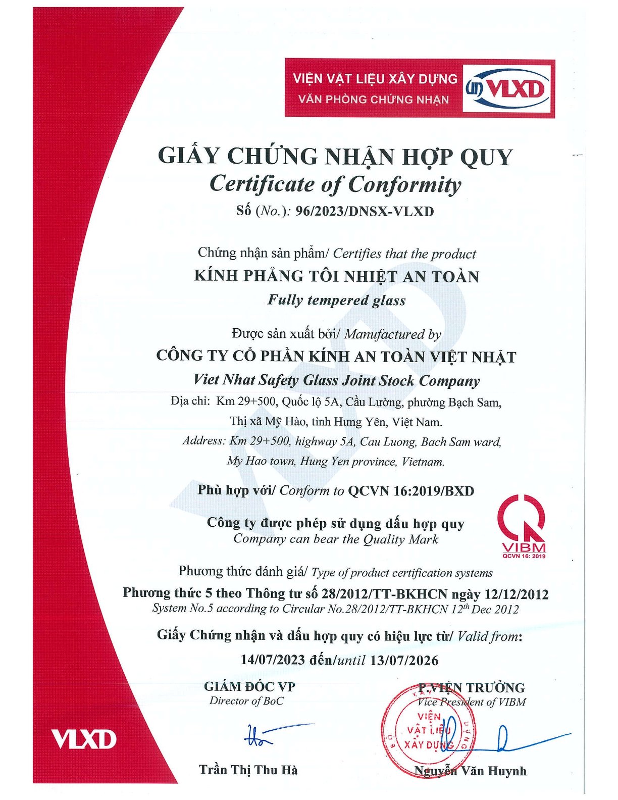 Giấy chứng nhận hợp quy kính phẳng tôi nhiệt an toàn của Công ty Cổ phần Kính An Toàn Việt Nhật